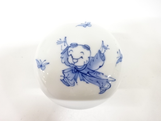  三川内焼　嘉久正窯造　染付　唐子　香合